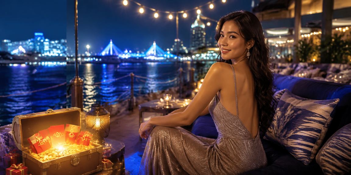 Amplop merah bonus di tepi pantai melambangkan hadiah eksklusif untuk pengguna high roller di platform kasino