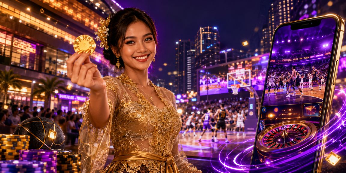 Papan taruhan neon berwarna cerah menampilkan data odds pertandingan basket yang dinamis